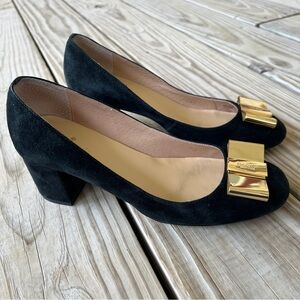 kate spade Black and Gold suede block heels pumps 7